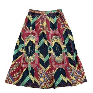 Vintage Hermes Paris Silk Pleated Skirt Red Navy Equestrian Scarf Print 36